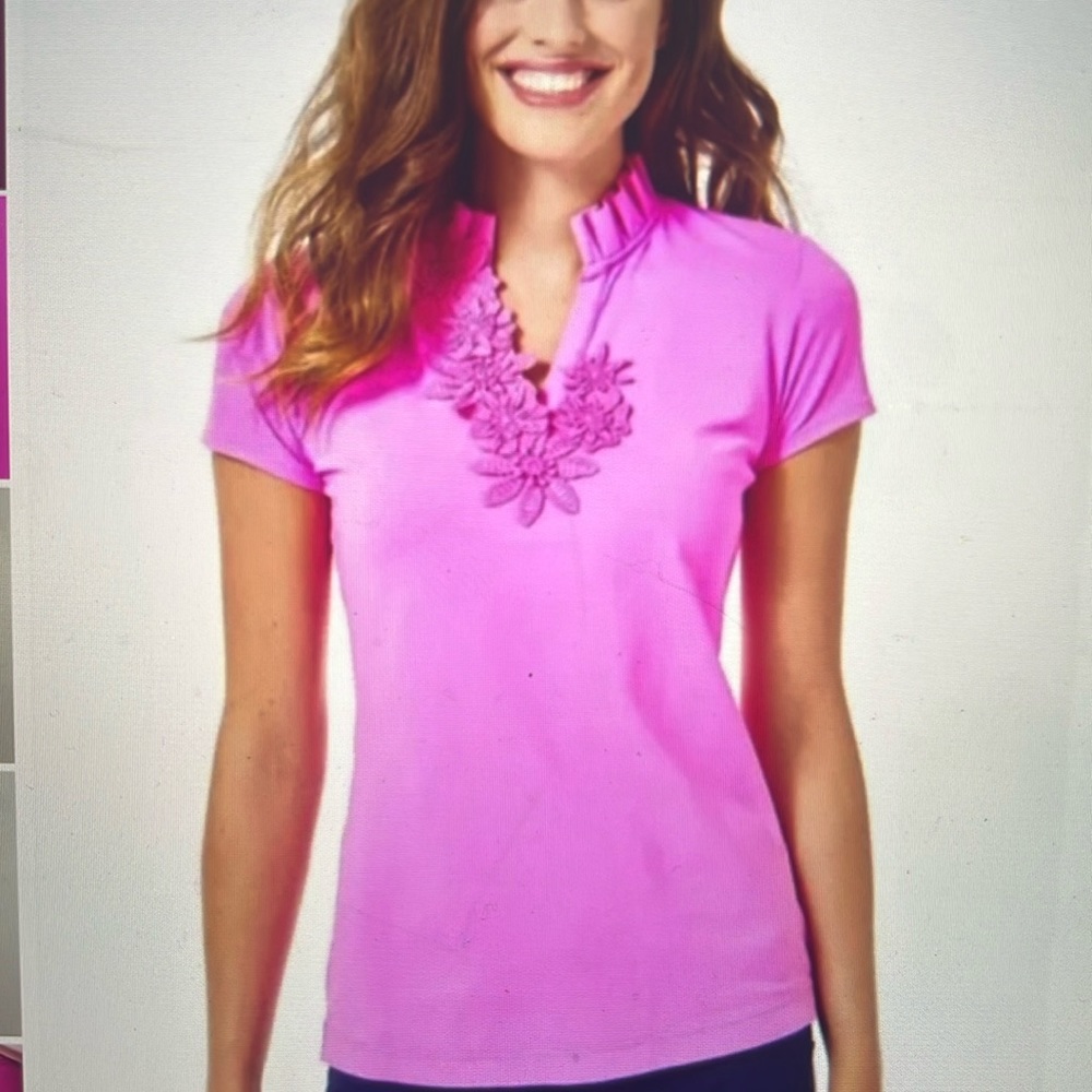 Rare Lilly Pulitzer UPF 50 Luxletic Frida Floral Ruffle Polo Top, Pink